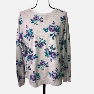 Gray Purple Floral Print Size Medium Terry Sweatshirt Cottagecore Grandma
